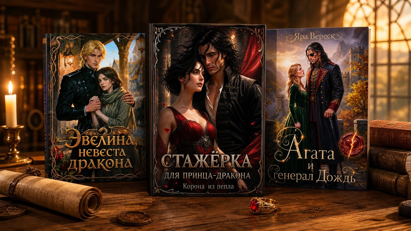 Три книги цикла на столе: Корона из пепла в центре, Эвелина и Агата по бокам